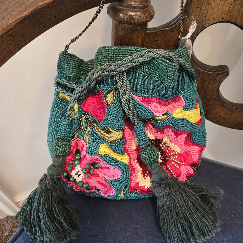 Beaded Floral Drawstring Bucket Bag - Green with Pink Accents. Tassel Closure.